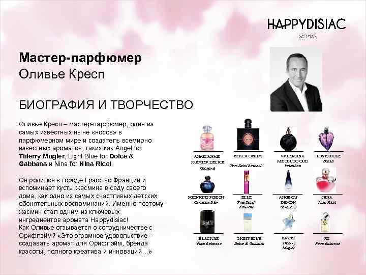 Мастер-парфюмер Оливье Кресп БИОГРАФИЯ И ТВОРЧЕСТВО Оливье Кресп – мастер-парфюмер, один из самых известных