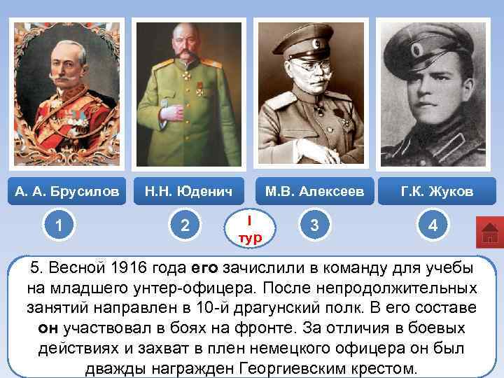 А. А. Брусилов 1 Н. Н. Юденич 2 М. В. Алексеев I тур Г.