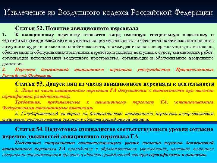 Извлечение из Воздушного кодекса Российской Федерации Статья 52. Понятие авиационного персонала 1. К авиационному