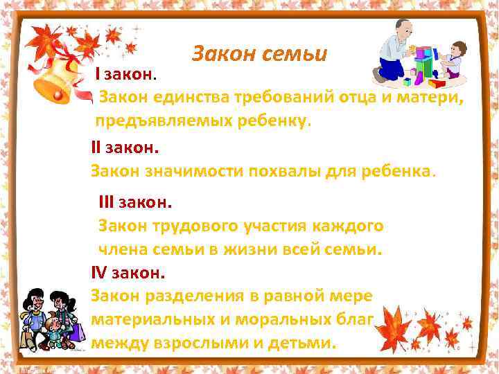 Закон семьи I закон. Закон единства требований отца и матери, предъявляемых ребенку. II закон.
