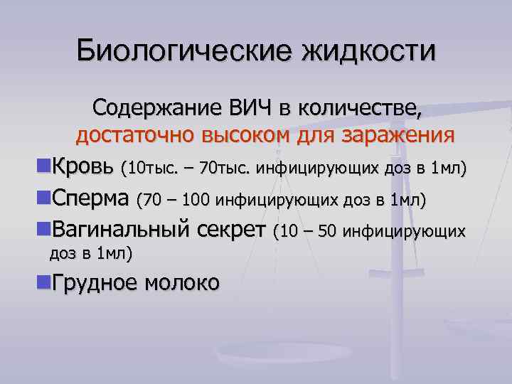 Биологические жидкости Содержание ВИЧ в количестве, достаточно высоком для заражения Кровь (10 тыс. –