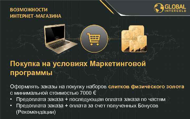 ВОЗМОЖНОСТИ ИНТЕРНЕТ -МАГАЗИНА Покупка на условиях Маркетинговой программы Оформлять заказы на покупку наборов слитков