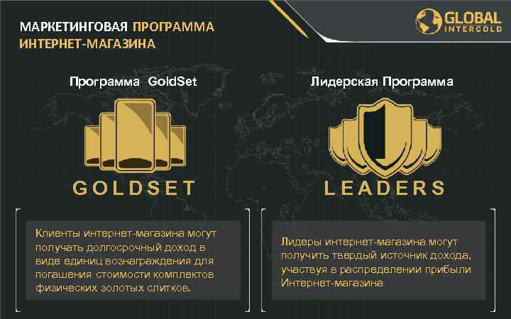 МАРКЕТИНГОВАЯ ПРОГРАММА ИНТЕРНЕТ-МАГАЗИНА Программа Gold. Set Лидерская Программа GOLDSET LEADERS Клиенты интернет-магазина могут получать