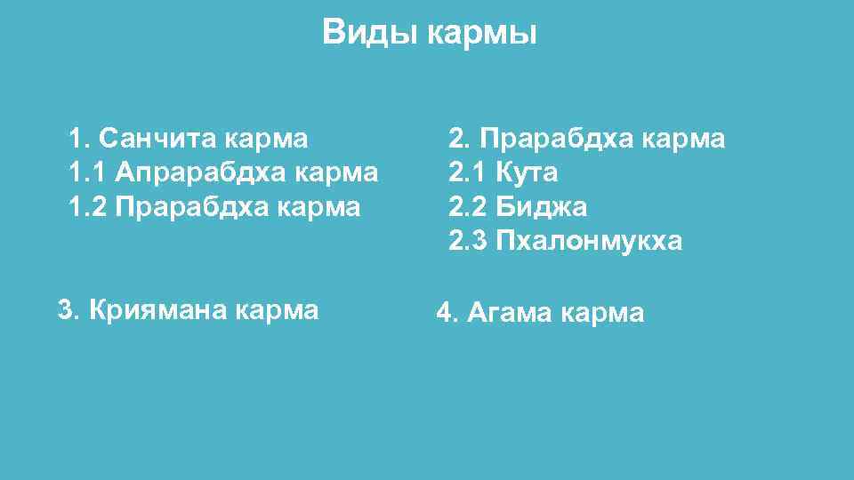 Виды кармы 1. Санчита карма 1. 1 Апрарабдха карма 1. 2 Прарабдха карма 3.