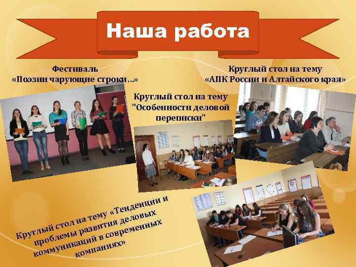 Наша работа Фестиваль «Поэзии чарующие строки…» Круглый стол на тему «АПК России и Алтайского