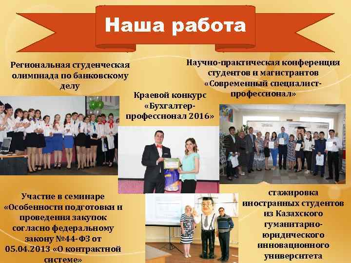 Наша работа Научно-практическая конференция студентов и магистрантов «Современный специалистпрофессионал» Краевой конкурс «Бухгалтерпрофессионал 2016» Региональная
