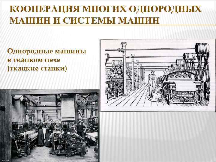 КООПЕРАЦИЯ МНОГИХ ОДНОРОДНЫХ МАШИН И СИСТЕМЫ МАШИН Однородные машины в ткацком цехе (ткацкие станки)