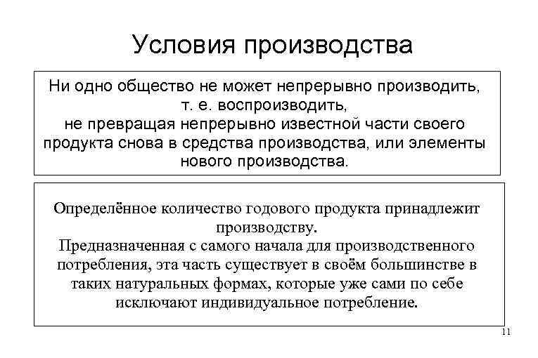 Условия производства Ни одно общество не может непрерывно производить, т. е. воспроизводить, не превращая