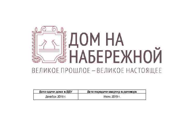 Дата сдачи дома в ДДУ Дата передачи квартир в договоре Декабрь 2018 г. Июнь