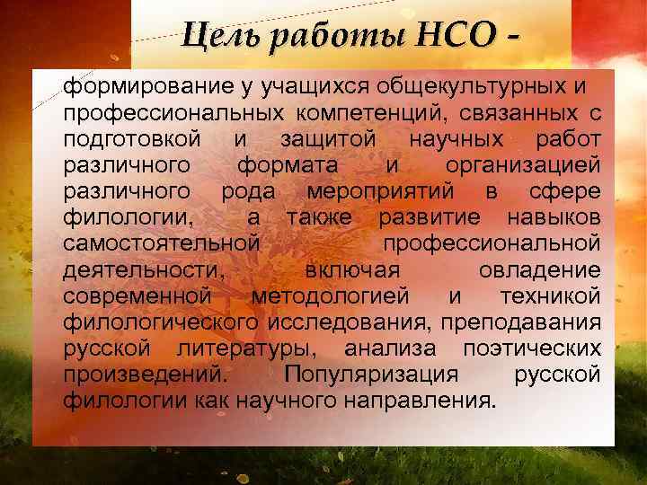 Цель работы НСО формирование у учащихся общекультурных и профессиональных компетенций, связанных с подготовкой и