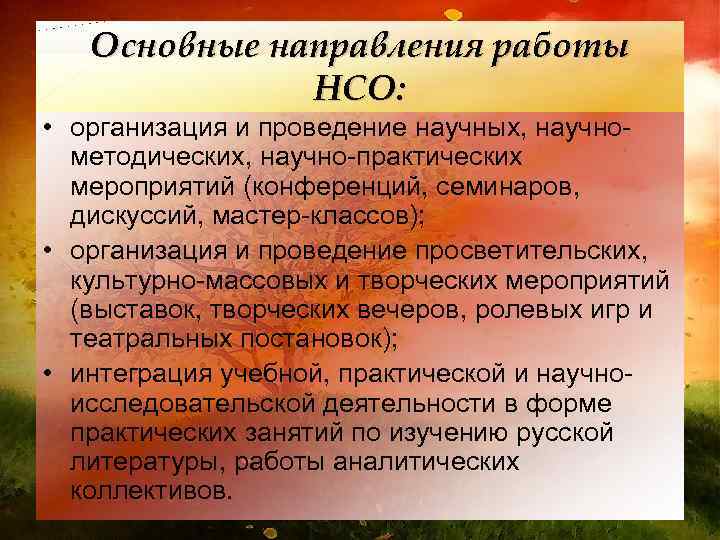 Основные направления работы НСО: • организация и проведение научных, научнометодических, научно-практических мероприятий (конференций, семинаров,