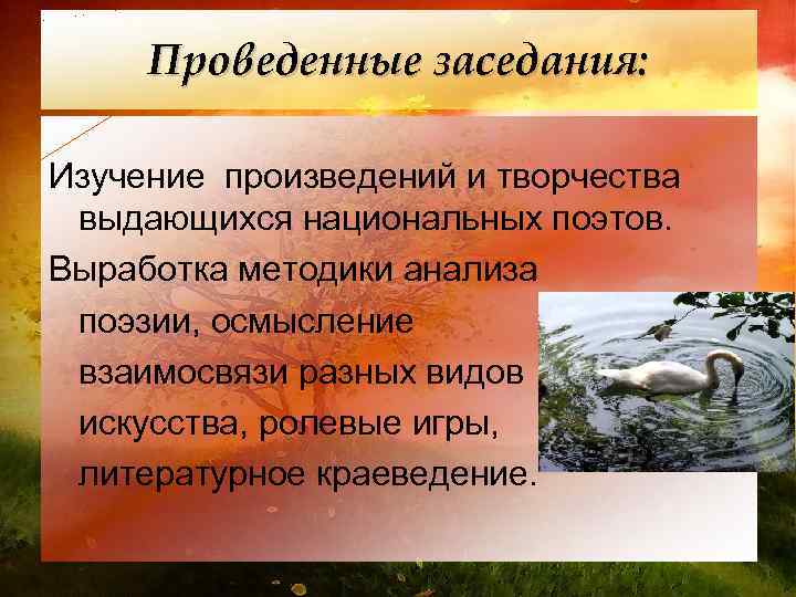 Проведенные заседания: Изучение произведений и творчества выдающихся национальных поэтов. Выработка методики анализа поэзии, осмысление