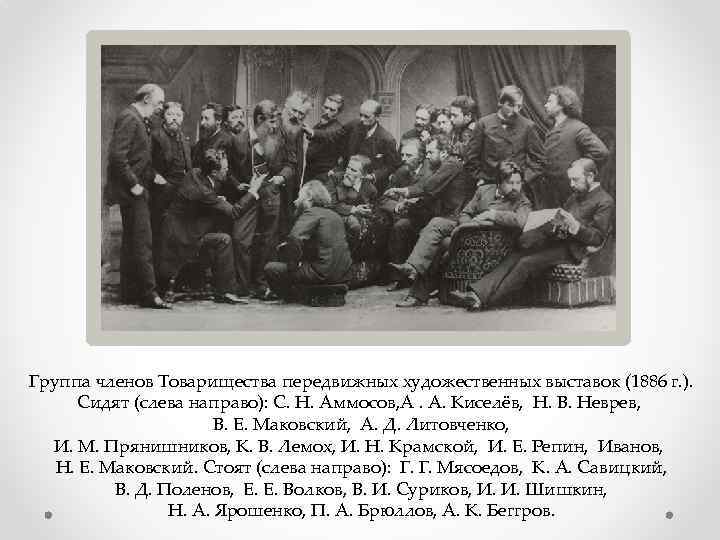 Группа членов Товарищества передвижных художественных выставок (1886 г. ). Сидят (слева направо): С. Н.