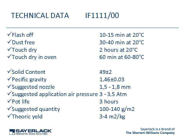 TECHNICAL DATA üFlash off üDust free üTouch dry in oven IF 1111/00 10 -15