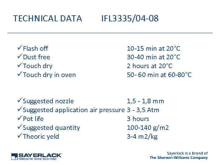 TECHNICAL DATA üFlash off üDust free üTouch dry in oven IFL 3335/04 -08 10