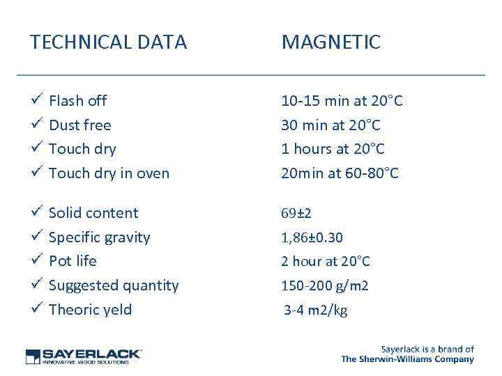 TECHNICAL DATA MAGNETIC ü ü Flash off Dust free Touch dry in oven 10