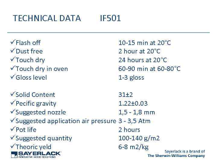 TECHNICAL DATA üFlash off üDust free üTouch dry in oven üGloss level IF 501