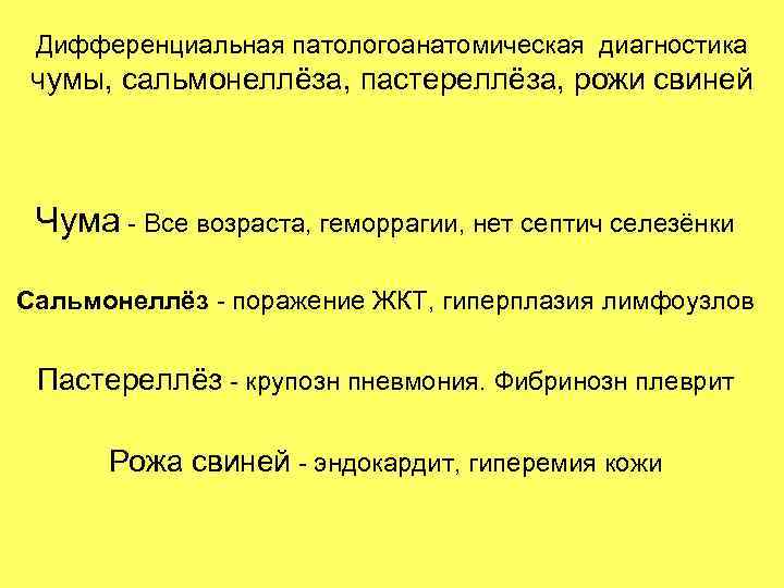Дифференциальная патологоанатомическая диагностика чумы, сальмонеллёза, пастереллёза, рожи свиней Чума - Все возраста, геморрагии, нет