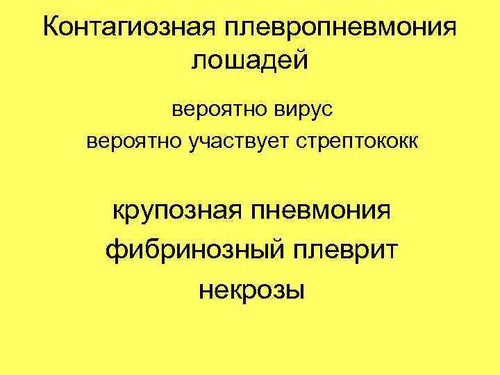 Контагиозная плевропневмония лошадей вероятно вирус вероятно участвует стрептококк крупозная пневмония фибринозный плеврит некрозы 