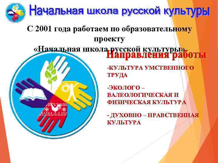 С 2001 года работаем по образовательному проекту «Начальная школа русской культуры» -КУЛЬТУРА УМСТВЕННОГО ТРУДА