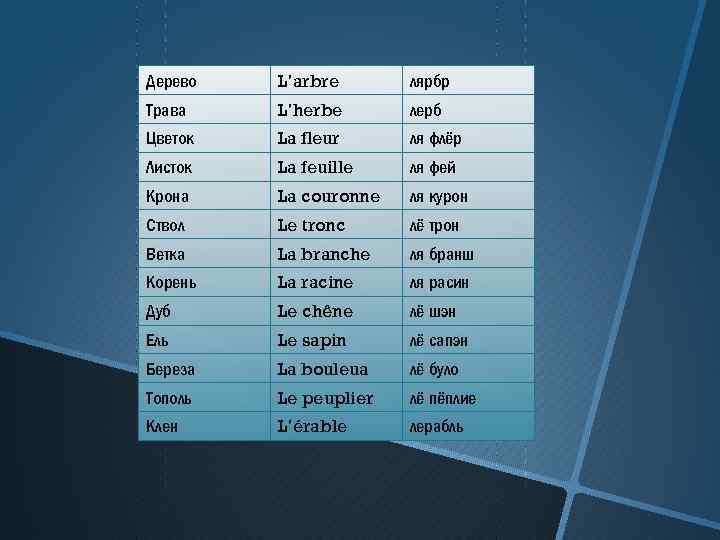 Дерево L’arbre лярбр Трава L’herbe лерб Цветок La fleur ля флёр Листок La feuille