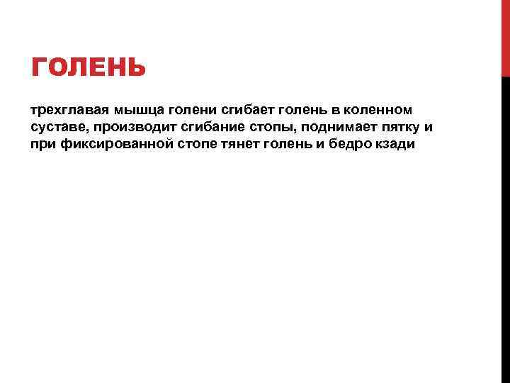 ГОЛЕНЬ трехглавая мышца голени сгибает голень в коленном суставе, производит сгибание стопы, поднимает пятку