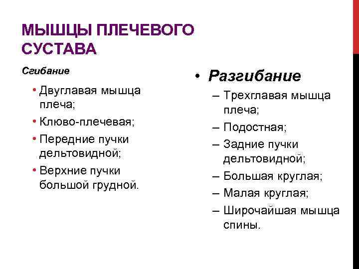 МЫШЦЫ ПЛЕЧЕВОГО СУСТАВА Сгибание • Двуглавая мышца плеча; • Клюво-плечевая; • Передние пучки дельтовидной;