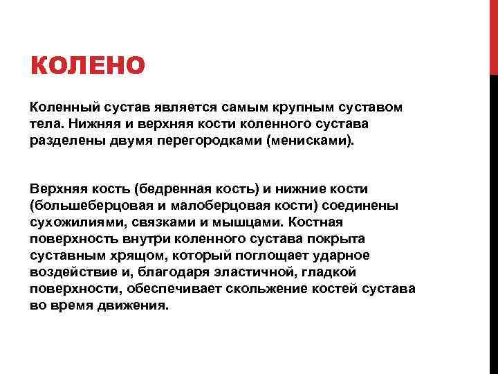 КОЛЕНО Коленный сустав является самым крупным суставом тела. Нижняя и верхняя кости коленного сустава