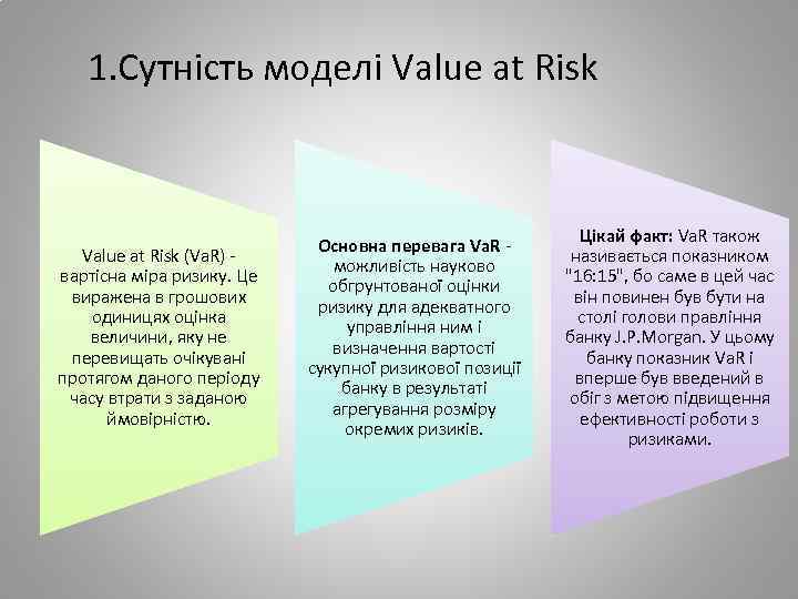 1. Сутність моделі Value at Risk (Va. R) - вартісна міра ризику. Це виражена