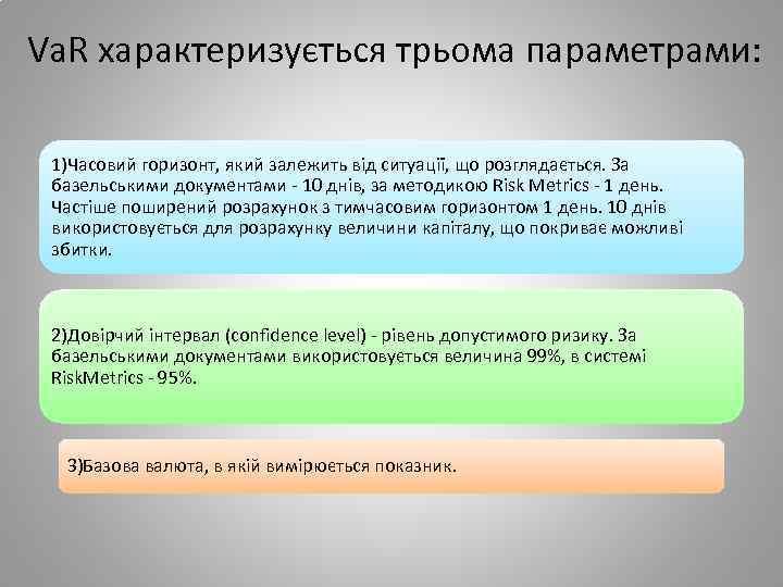 Va. R характеризується трьома параметрами: 1)Часовий горизонт, який залежить від ситуації, що розглядається. За