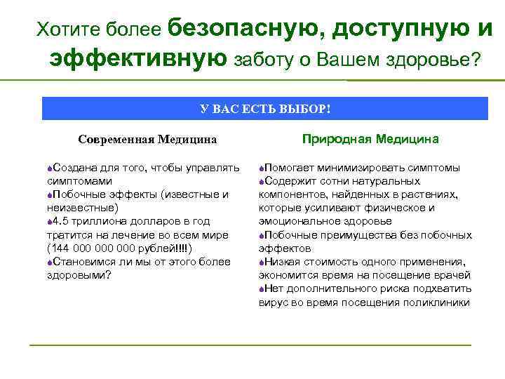 Хотите более безопасную, доступную и эффективную заботу о Вашем здоровье? У ВАС ЕСТЬ ВЫБОР!