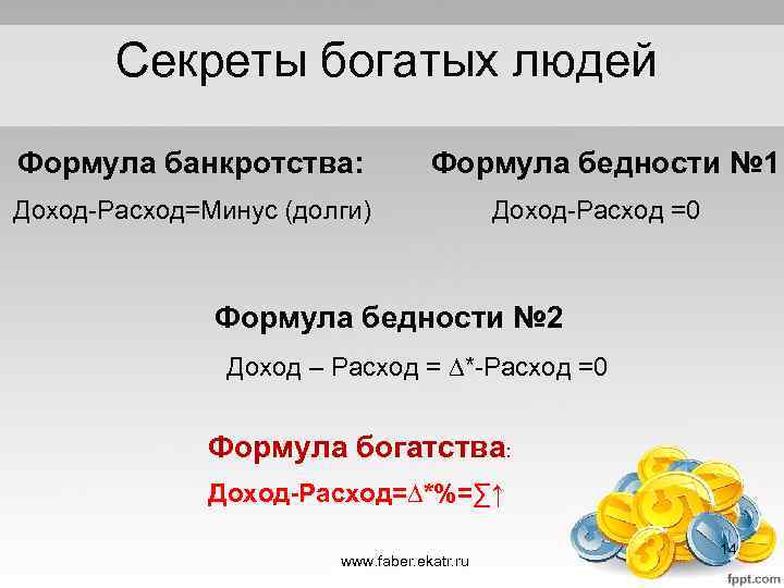 Секреты богатых людей Формула банкротства: Формула бедности № 1 Доход-Расход=Минус (долги) Доход-Расход =0 Формула