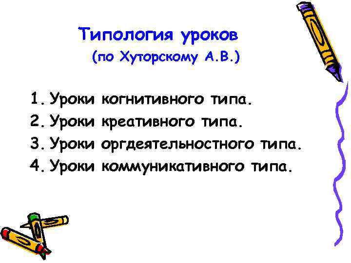 Типология уроков (по Хуторскому А. В. ) 1. Уроки 2. Уроки 3. Уроки 4.
