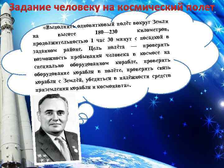 Задание человеку на космический полет округ Земли новитковый полёт в «Выполнить од километров, 180—