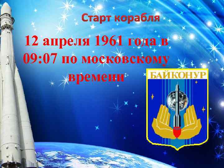 Старт корабля 12 апреля 1961 года в 09: 07 по московскому времени 