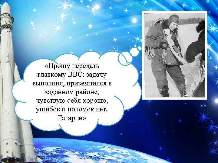  «Прошу передать главкому ВВС: задачу выполнил, приземлился в заданном районе, чувствую себя хорошо,