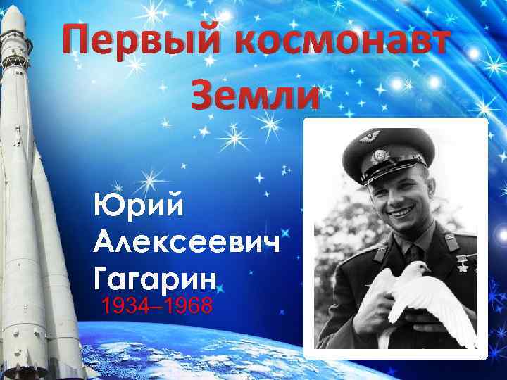 Первый космонавт Земли Юрий Алексеевич Гагарин 1934– 1968 