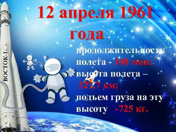 ВОСТОК-1 12 апреля 1961 года продолжительность полета - 108 мин; высота полета – 327,