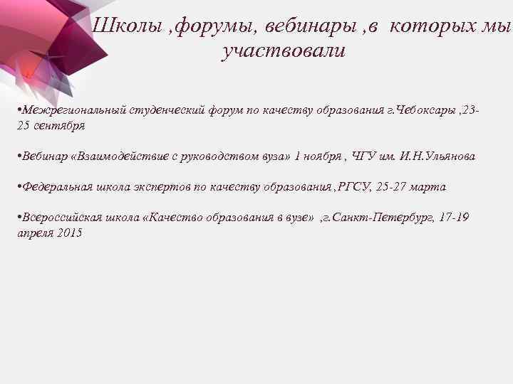 Школы , форумы, вебинары , в которых мы участвовали • Межрегиональный студенческий форум по