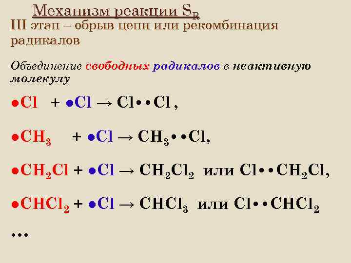 Механизм реакции SR III этап – обрыв цепи или рекомбинация радикалов Объединение свободных радикалов