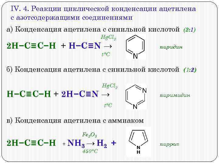 IV. 4. Реакции циклической конденсации ацетилена с азотсодержащими соединениями а) Конденсация ацетилена с синильной