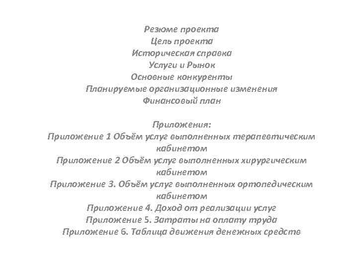 Резюме проекта Цель проекта Историческая справка Услуги и Рынок Основные конкуренты Планируемые организационные изменения