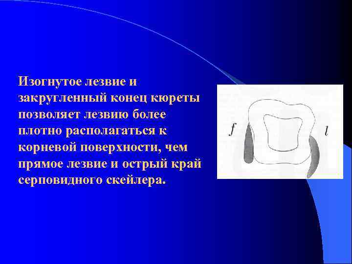 Изогнутое лезвие и закругленный конец кюреты позволяет лезвию более плотно располагаться к корневой поверхности,