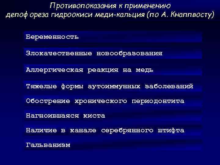 Противопоказания к применению депофореза гидроокиси меди-кальция (по А. Кнаппвосту) Беременность Злокачественные новообразования Аллергическая реакция