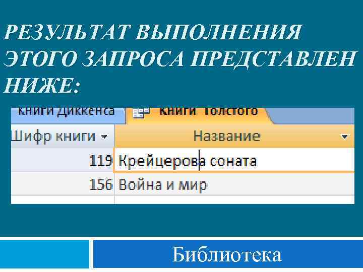 РЕЗУЛЬТАТ ВЫПОЛНЕНИЯ ЭТОГО ЗАПРОСА ПРЕДСТАВЛЕН НИЖЕ: Библиотека 