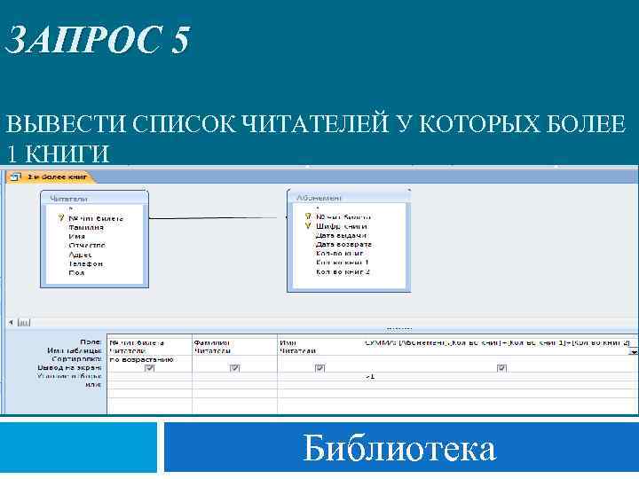 ЗАПРОС 5 ВЫВЕСТИ СПИСОК ЧИТАТЕЛЕЙ У КОТОРЫХ БОЛЕЕ 1 КНИГИ Библиотека 