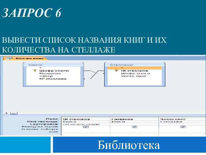 ЗАПРОС 6 ВЫВЕСТИ СПИСОК НАЗВАНИЯ КНИГ И ИХ КОЛИЧЕСТВА НА СТЕЛЛАЖЕ Библиотека 