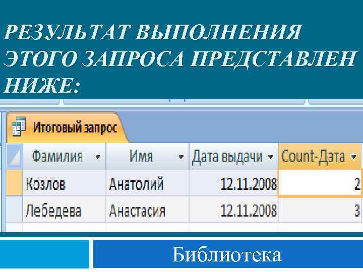 РЕЗУЛЬТАТ ВЫПОЛНЕНИЯ ЭТОГО ЗАПРОСА ПРЕДСТАВЛЕН НИЖЕ: Библиотека 