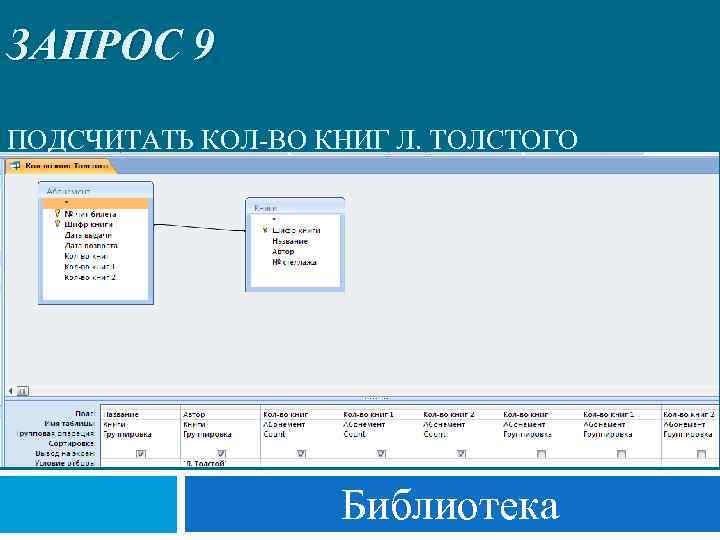 ЗАПРОС 9 ПОДСЧИТАТЬ КОЛ-ВО КНИГ Л. ТОЛСТОГО Библиотека 