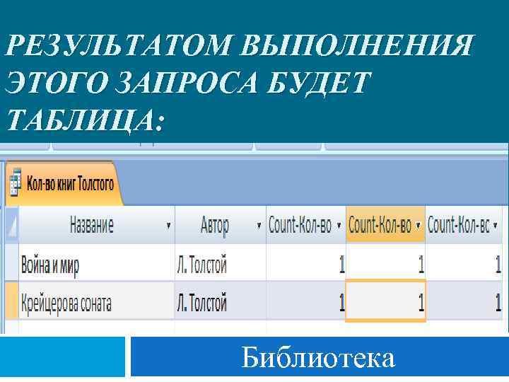 РЕЗУЛЬТАТОМ ВЫПОЛНЕНИЯ ЭТОГО ЗАПРОСА БУДЕТ ТАБЛИЦА: Библиотека 